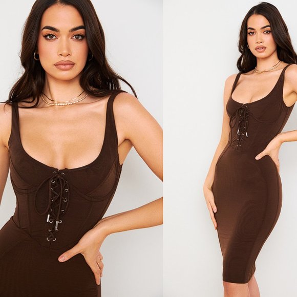 HOUSE OF CB 'Simona' Chocolate Lace Up Corset Midi Dress NWOT - Picture 4 of 9